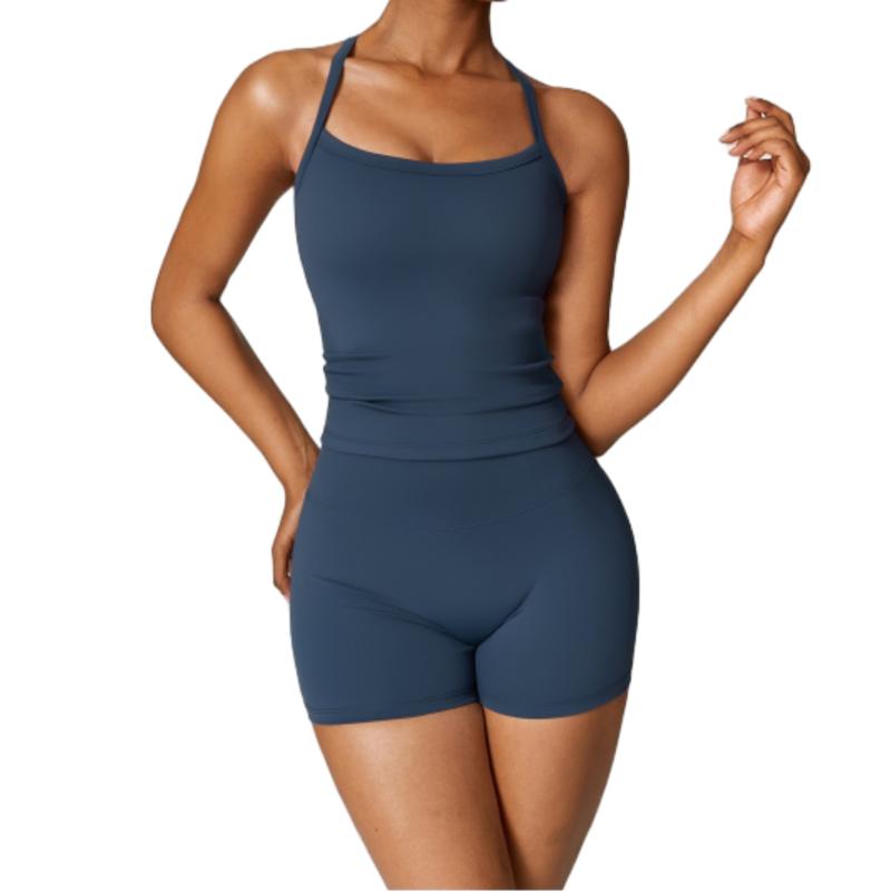 Two-Piece Set Women's Solid Cami Top & High Waist Skinny Shorts Tracksuit Set, Sporty Breathable Quick Drying Outfits for Yoga Gym Workout Running