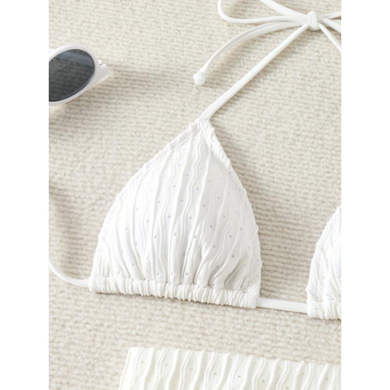 Plain Textured Fabric 3 Piece Set Bikini, Halter Neck Tie Back Backless High Cut With Cover Up Skirt Swimsuits, Women's Swimwear & Clothing