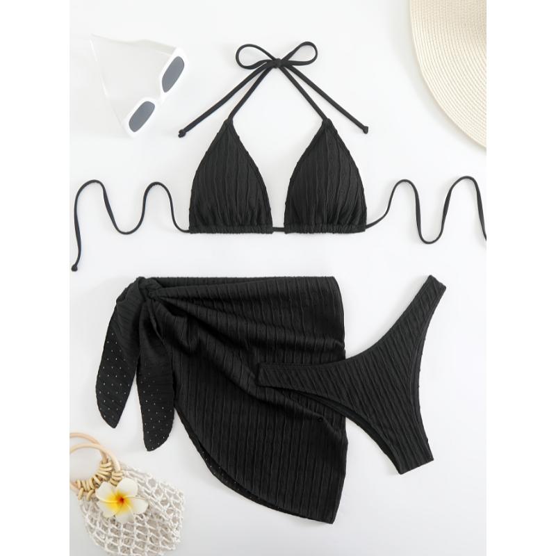 Plain Textured Fabric 3 Piece Set Bikini, Halter Neck Tie Back Backless High Cut With Cover Up Skirt Swimsuits, Women's Swimwear & Clothing