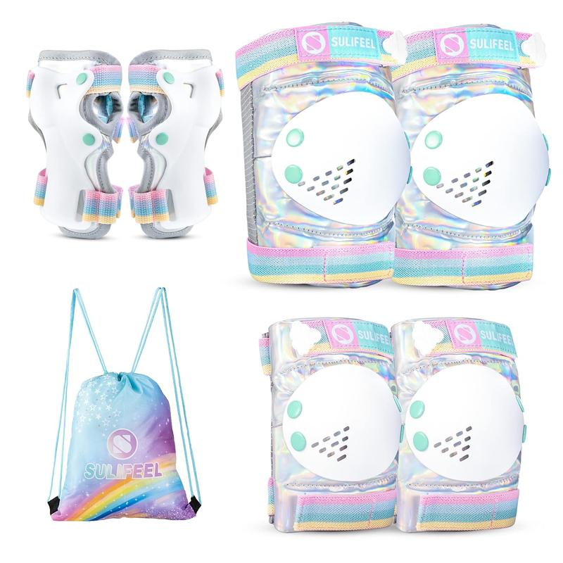 SULIFE Rainbow Unicorn Knee Pads for Kids Knee Elbow Pads Wrist Guards with Drawstring Bag Adjustable Protective Gear Set for Girls Boys Roller Skating Bike Cycling Skateboard Scooter Shiny Small