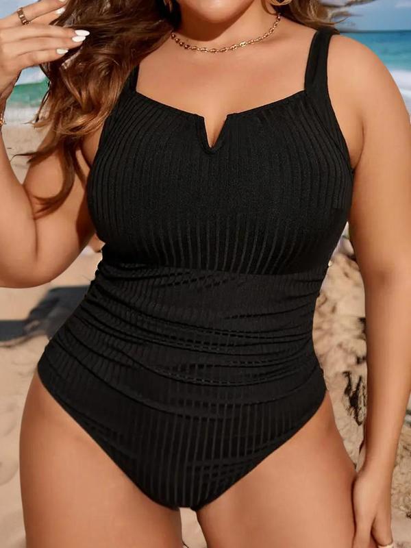  Sexy Ruched Notched Neck One-piece Swimsuit, 2024 Fashionable Summer New Solid Sleeveless Ribbed Swimwear, Women's One Piece Swimsuit for Beach Holiday Vacation, Bathing Suits for Women Summer Tummy Control Swimwear Curve