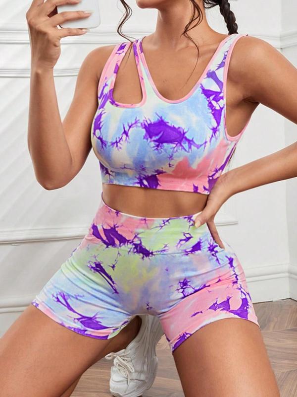 Women's Tie Dye Print Asymmetrical Neck Wireless Sports Bra & High Waist Skinny Shorts Tracksuit Set, Backless Sports Bra & High Stretch Shorts, Workout Gym Yoga Exercise Clothing Set for Women